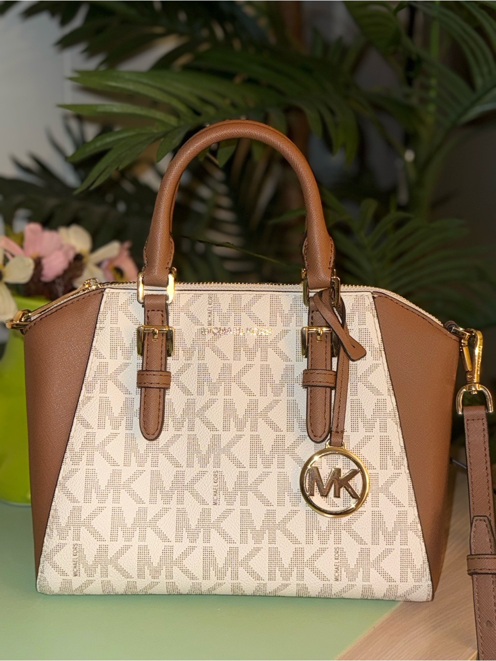 Michael Kors Vanilla and Brown Logo Satchel with Gold MK Charm